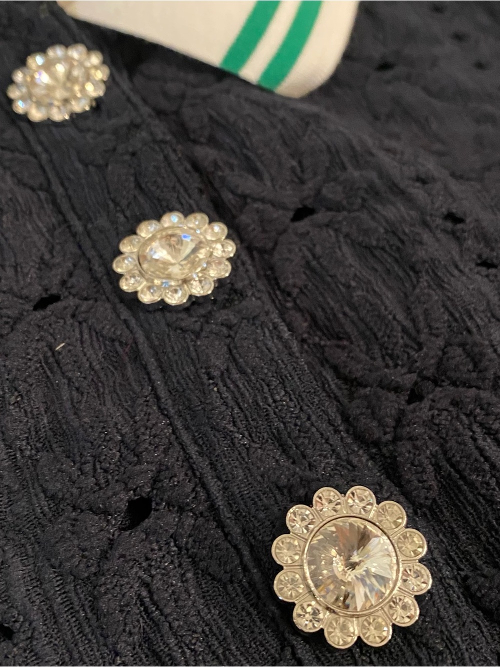 Maeve Knit Navy Polo Top with White & Green Trim and Crystal Buttons - Picture 3 of 11